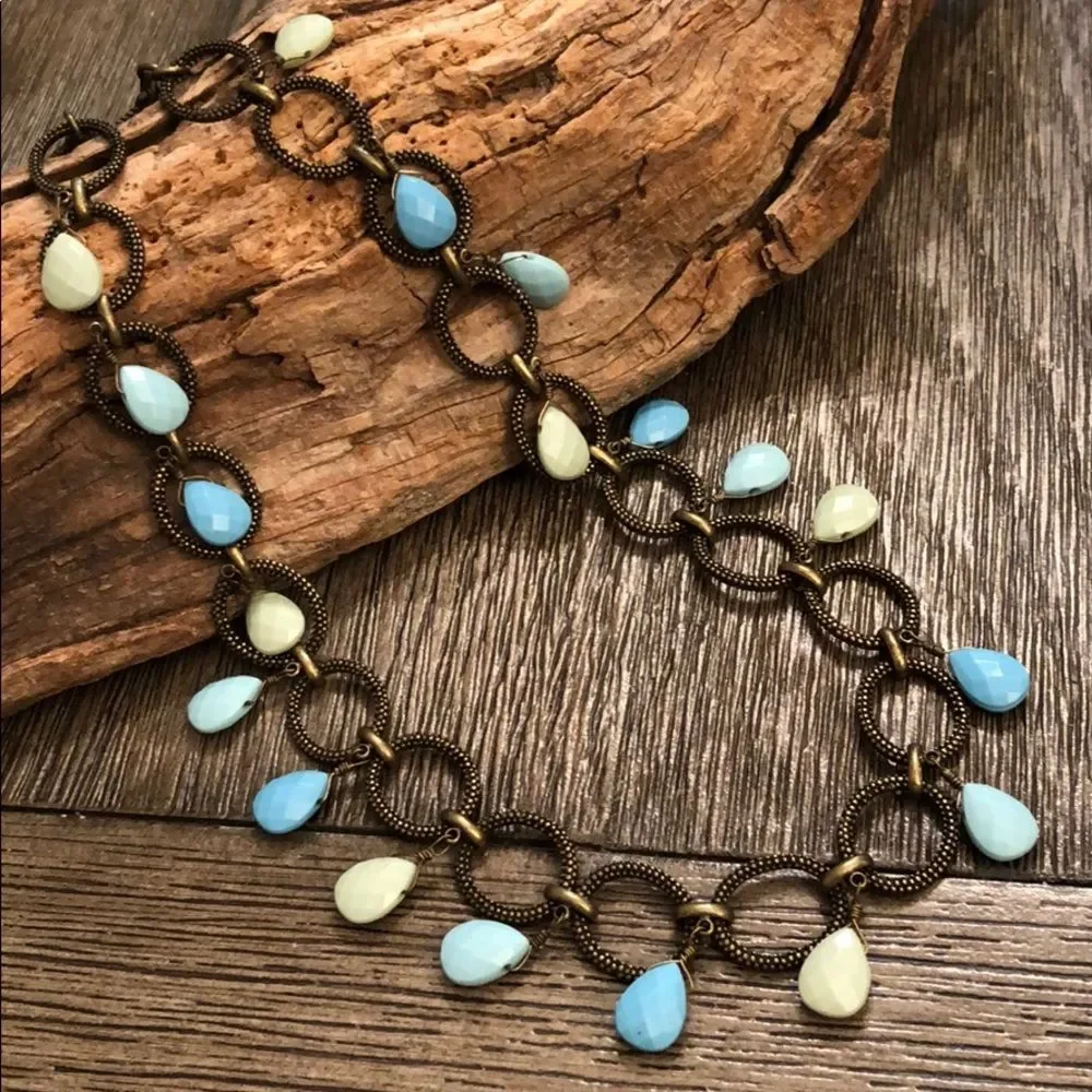 Premier Designs Caribbean Antique Goldtone - Bronze Chain Necklace Blue Beads